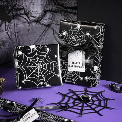 WRAPAHOLIC Halloween Wrapping Paper - Mini Roll - 17 Inch x 16.5 Feet - Black White Spider Web and Spider Wrapping Paper for Halloween Deco, Holiday, Party - color: Spider Web & Spider