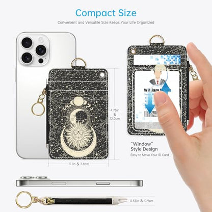 2-in-1 ID Badge Holder & Lanyard Wallet，Cute Zippered Pouch Sun and Moon - color: Sun and Moon