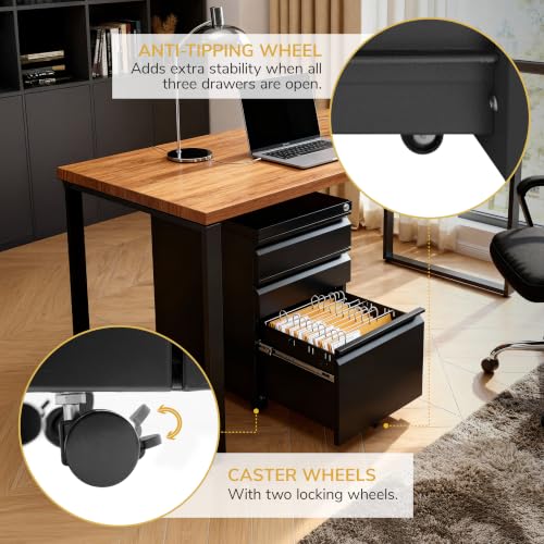 Mount-It! 3 Drawer File Cabinet with Lock and Wheels, Heavy-Duty Steel Rolling Drawer Cabinet, Fully Assembled Under Desk Filing Cabinet for Home Office Storage, 15.3" W x 19.75" D x 24.5" H, Black - color: Black