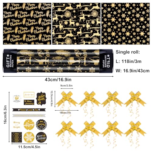 Larcencie Christmas Gift Wrapping Paper Roll w/Gift Bow Sticker, 3 Rolls 17" x 118" Each, Metallic Black and Gold Holiday Wrapping Paper, Snowflake Reindeer Design for Xmas, Winter, Nightmare New Year - color: Black And Gold