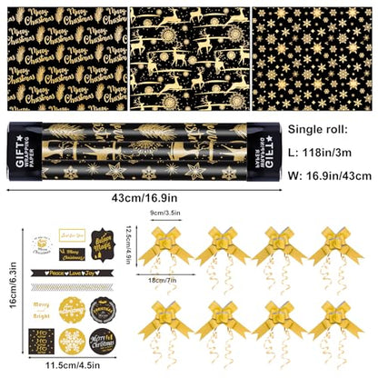 Larcencie Christmas Gift Wrapping Paper Roll w/Gift Bow Sticker, 3 Rolls 17" x 118" Each, Metallic Black and Gold Holiday Wrapping Paper, Snowflake Reindeer Design for Xmas, Winter, Nightmare New Year - color: Black And Gold