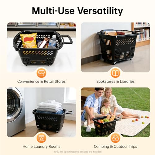 6PCS 35L Shopping Carts with Wheels and Handle, Heavy Duty Plastic Rolling Shopping Basket with Foldable Handle 4 Wheels, Portable Shopping Basket Set for Supermarkets Retail Stores (Black)
