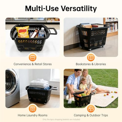 6PCS 35L Shopping Carts with Wheels and Handle, Heavy Duty Plastic Rolling Shopping Basket with Foldable Handle 4 Wheels, Portable Shopping Basket Set for Supermarkets Retail Stores (Black)