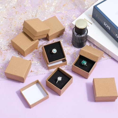 48 Pack Small Jewelry Ring Gift Boxes, 2x2x1.2 Inch Brown Krafts Paper Ring Boxes with Foam Insert, Bulk Square Cardboard Earring Packing Box for Weddings Rings, Necklaces, Business Retail