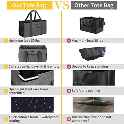 GhvyenntteS Extra Large Utility Tote Bag 2 Pack - Stand Up Utility Tote with Metal Wire Frame & Hard Bottom Board, Reusable Grocery Bags With Handles for Storage, Picnics, Beach, Laundry, Car, Camping - color: Grey-2 Pack