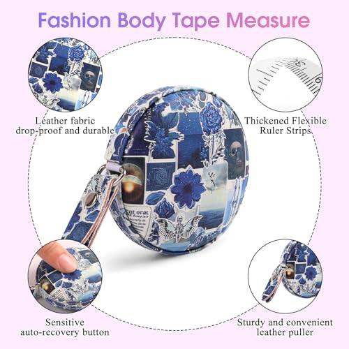 Retractable Mini Leather Tape Measure, Auto Retract Puzzle - color: Blue Puzzle Floral
