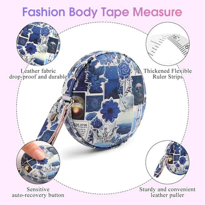 Retractable Mini Leather Tape Measure, Auto Retract Puzzle - color: Blue Puzzle Floral