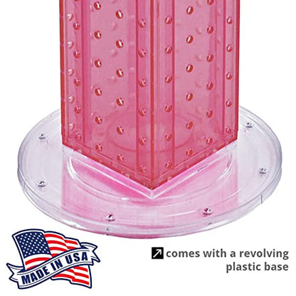 Azar Displays 700220-PNK-2C16 Four-Sided 4”W x 12” Revolving Pegboard Tower Kit Counter Display with 16-Pack of 2 inch Locking Hooks, Pink - color: Pink, style: Pegboard + Hooks
