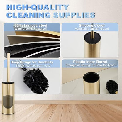 Toilet Brush and Holder Set, NEWRAIN 304 Stainless Steel Toilet Brush with Long Brush Handle, Brushed Gold Toilet Scrubber and Covered Holder, Round Design Sturdy and Space Saving, Covered Brush - color: Brushed Gold