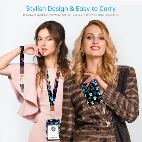 2-in-1 ID Badge Holder & Lanyard Wallet，Cute Zippered Pouch Dog Paw - color: Dog Paw