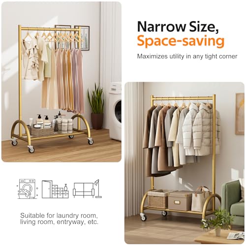 MISSLO Heavy Duty Clothing Rack with Wheels Rolling Clothes Racks for Hanging Clothes, Coats, Garment, Dress, Gold, 28" W - color: Gold, size: 28"W x 14.8"D x 66"H (Small)