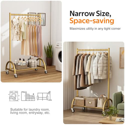 MISSLO Heavy Duty Clothing Rack with Wheels Rolling Clothes Racks for Hanging Clothes, Coats, Garment, Dress, Gold, 28" W - color: Gold, size: 28"W x 14.8"D x 66"H (Small)