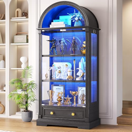 Black Curio Cabinet with Glass Doors, 72" Tall Arched Display Cabinet with Human Sensor Lights, 4-Tier Display Case for Collectibles Bookcase Living Room - color: Black