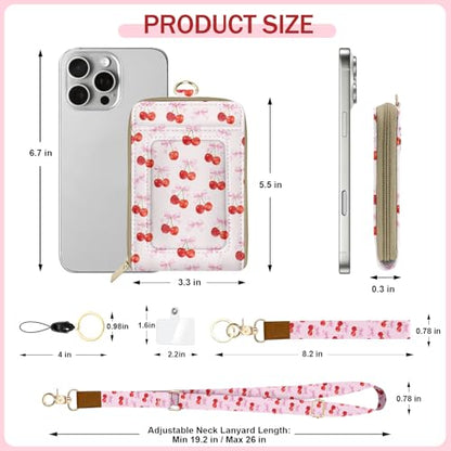 Easy Carry Roomy Leather Zipper Lanyard Wallet for Women, Adjustable Lanyard with ID Holder, RFID Badge Holder, Pink Bow Wallet with Wristlet Strap and Keychain for Teacher Work Office Gift - color: Bow Cherry
