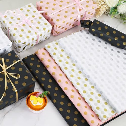 BEISHIDA White and Gold Tissue Paper Bulk, Polka Dot Wrapping Tissue Paper for Gift Bags, 14 x 20 Inch Gift Wrap for Christmas Birthday Wedding Graduation DIY Crafts Holiday Flowers,50 Sheets - color: dots-whitegold