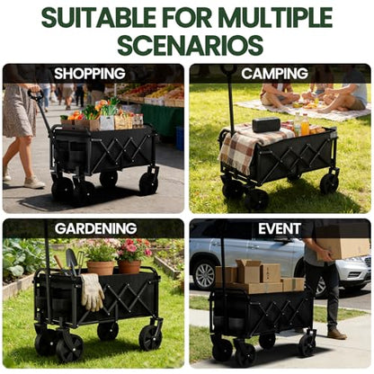 Foldable Wagon, Collapsible Wagon with Wheels, Small Wagons Cart with Flexible Handle, Portable Grocery Utility Wagons for Camping, Garden, Sports, Black