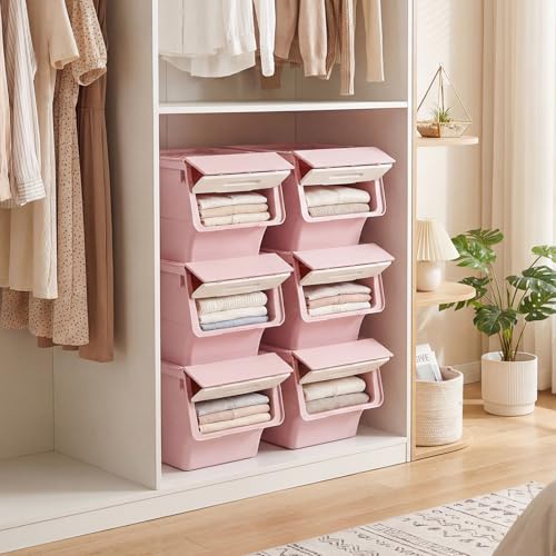 GIANTEX 3 Pack Plastic Stackable Storage Bins with Lids & Wheels, 12.5 QT - color: White + Pink, size: 3 Pack, 12.5 QT