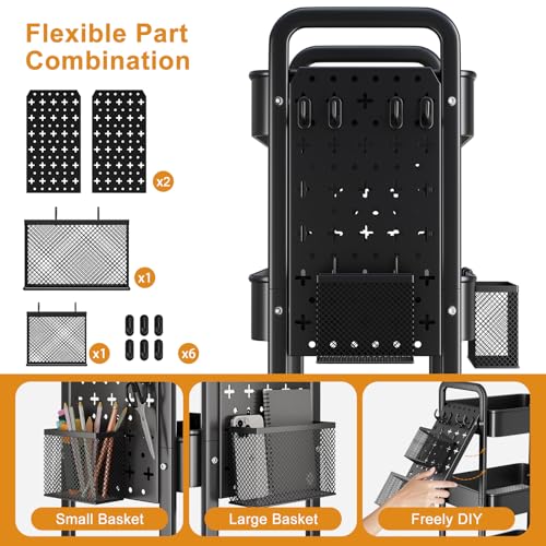 3 Tier Black Rolling Storage Cart Metal with DIY Pegboard and Wheels - color: Classic Black, size: 3 Tier+Pegboard