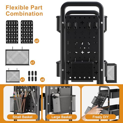 3 Tier Black Rolling Storage Cart Metal with DIY Pegboard and Wheels - color: Classic Black, size: 3 Tier+Pegboard