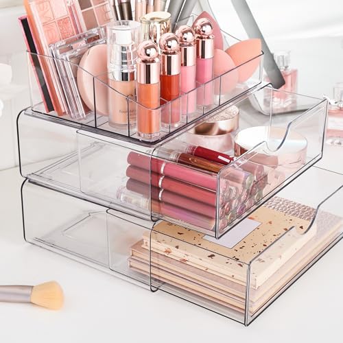 Vtopmart 5 Tier Clear Makeup Organizer with Drawer, Cosmetic Storage for Dresser Countertop and Bathroom Vanity, Beauty Holder for Lipstick Brush Skincare - style: 5 Tier