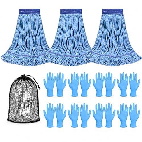 3 Pack Commercial Mop Heads with Mesh Laundry Bag & 16 Disposable Gloves - size: 3 Pack