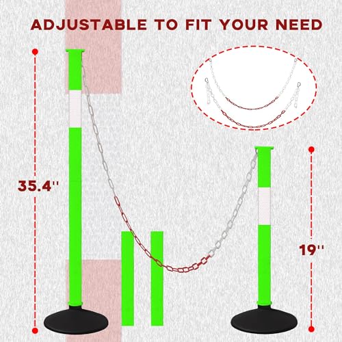 Traffic Delineator Post with Weighted Base & Reflective Collars, Adjustable Parking Cones with 4 FT Chains, Portable Orange Driveway Barrier Pole for Traffic Crowd Control（Patented） - size: 5 Pack-Green