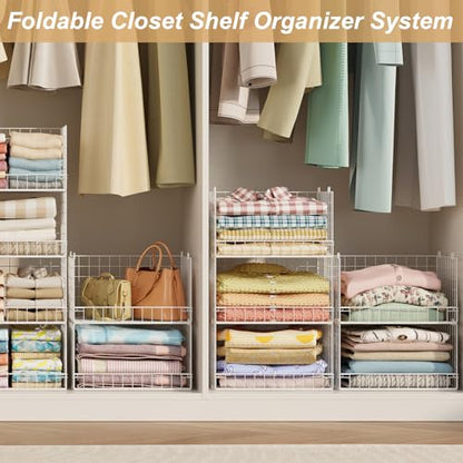 Huxitocan 6-Tier Stackable Closet Organizers and Storage Basket - Foldable Closet Shelf Organizer System, Sturdy Metal Space-Saving Clothes Storage Bins for Wardrobe, White(Patent Pending) - size: 6-Tier