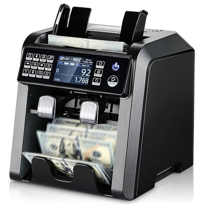 MUNBYN IMC08 Dual Money Counter Machine Mixed Denomination with Reject Pocket, Value Counting, Counterfeit Detection 2 CIS/UV/MG/IR, Sort&Print Enabled Cash Counter, Mixed Bill Counter (Black) - color: Black
