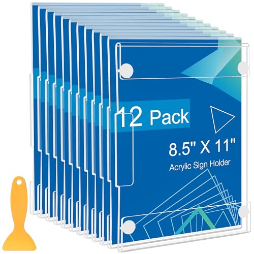 12 Pack Acrylic Sign Holder 8.5 x 11 Wall Mount, Vertical & Horizontal Use, Wall Sign Holder Memo Document Menu Holder for Office Store Restaurants Wedding Party Decoration, No Drilling