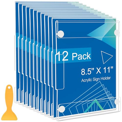 12 Pack Acrylic Sign Holder 8.5 x 11 Wall Mount, Vertical & Horizontal Use, Wall Sign Holder Memo Document Menu Holder for Office Store Restaurants Wedding Party Decoration, No Drilling