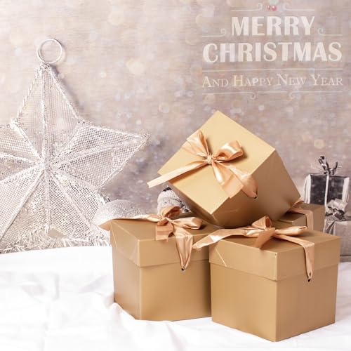Gift Box with Lid & Ribbon for present 12pcs, Gold, 6"×6"×6" - color: Gold, size: 6 x 6 x 6 Inch