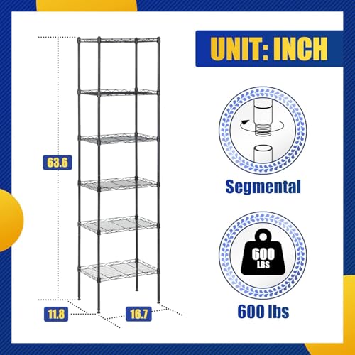 Meet perfect 6-Tier Wire Shelving Unit, 600 lb, 16.7 x 11.8 x 63.6 in - color: Black, size: 6-Tier, 63.6"H × 11.8"W × 16.7"D