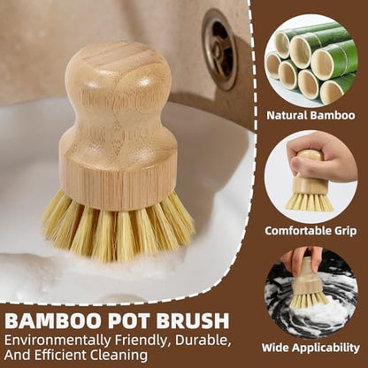 SAMEBUTECO 4 Packs Bamboo Dish Brush Set with 2 Metal Dry Holder