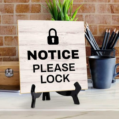 Notice Please Lock 5"x 5" Square Table Sign With Acrylic Easel | General Office Notices & Business Table Signs - color: Notice Please Lock