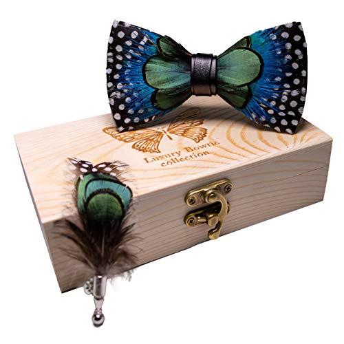 RBOCOTT Handmade Feather Pre-tied Bow tie and Brooch Sets for Men - color: Green/Blue/Black/White
