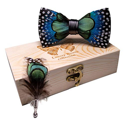 RBOCOTT Handmade Feather Pre-tied Bow tie and Brooch Sets for Men - color: Green/Blue/Black/White