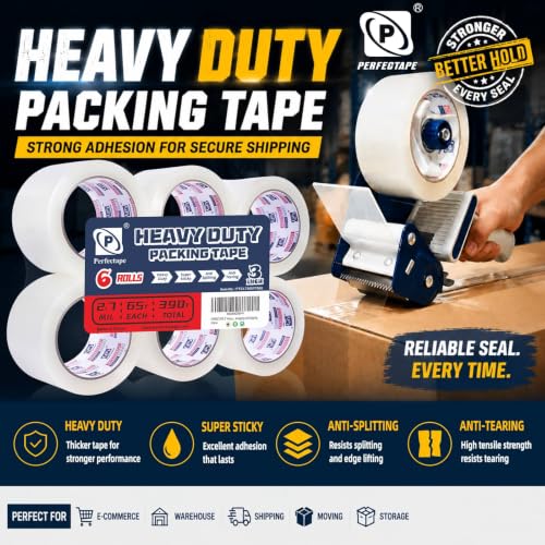 PERFECTAPE 3" Heavy Duty Packing Tape 6 Rolls, Total 390Y, Clear, 2.7 mil, 3 inch x 65 Yards, Ultra Strong, Refill for Packaging and Shipping(3" Width, not 2" Width) - size: 6-Pack