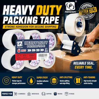 PERFECTAPE 3" Heavy Duty Packing Tape 6 Rolls, Total 390Y, Clear, 2.7 mil, 3 inch x 65 Yards, Ultra Strong, Refill for Packaging and Shipping(3" Width, not 2" Width) - size: 6-Pack