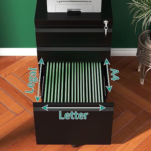 3 Drawer File Cabinet, Vertical File Cabinets with Lock for Home Office,Heavy Duty Office Steel Filing Cabinet for Hanging Letters/Legal/A4, Assembly Required (Black) - size: 3 Drawer-Wheel