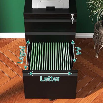 3 Drawer File Cabinet, Vertical File Cabinets with Lock for Home Office,Heavy Duty Office Steel Filing Cabinet for Hanging Letters/Legal/A4, Assembly Required (Black) - size: 3 Drawer-Wheel