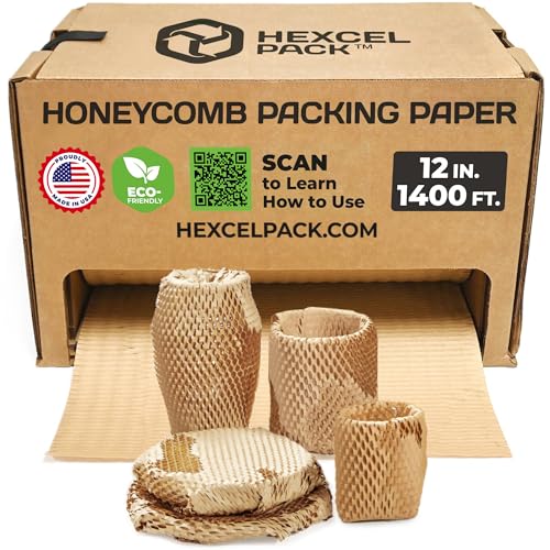 HexcelPack HexcelWrap Mini Honeycomb Packing Paper - Natural, 12" x 1400' - color: Natural HoneyComb, size: 12" x 1400 Feet - Roll with Dispenser Box