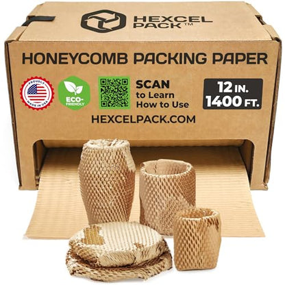 HexcelPack HexcelWrap Mini Honeycomb Packing Paper - Natural, 12" x 1400' - color: Natural HoneyComb, size: 12" x 1400 Feet - Roll with Dispenser Box