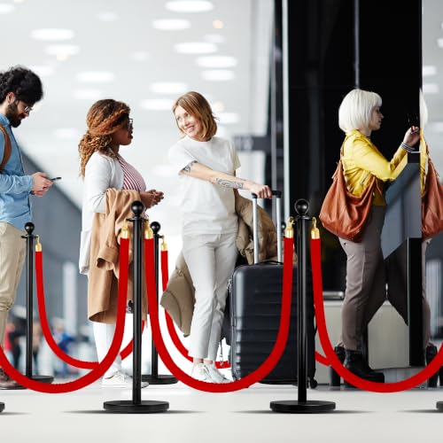 4 Pack Stanchions Post with Velvet Rope, Metal Posts with Weighted Base, Heavy Duty Crowd Control Barriers & Poles for Red Carpet, Movie Theater, Event, Party Supplies, Red - color: Metal-Red (Upgraded)