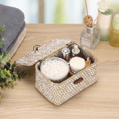 Hipiwe Wicker Shelf Basket Box Mini Seagrass Baskets with Lid,6.1"x4"x3.3" - color: Whitewash color, size: 6.1" x 4" x 3.3"