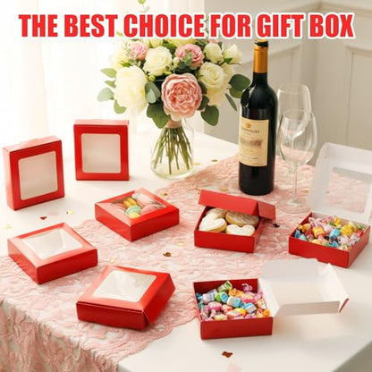 Zonon 30 Pcs Kraft Paper Boxes with Window 4.13 x 4.13 x 1.18inch (Red) - color: Red