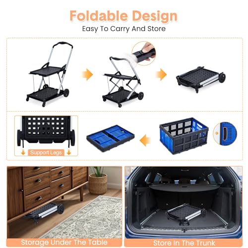 Foldable Shopping Cart, 1 Storage Crate, 2 Tier Collapsible Utility Cart - color: Blue