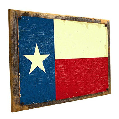 Framed Texas Flag Metal Sign Mounted on Rustic, Weathered Wood - size: 13"x17" Framed