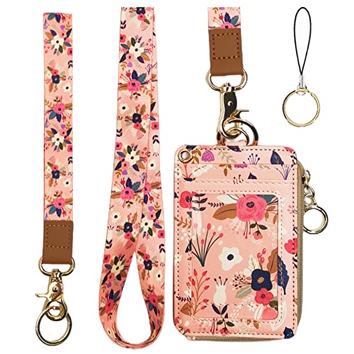 bolimoss Lanyard with Wallet,Zip ID Case with Lanyard,Lanyard Badge Holder,Lanyard Wallet for Women,Fashion Lanyard Wallet, ID Case Wallet with Lanyard（Pink Floral） - color: Pink Floral