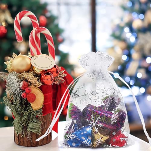 HRX Package 100pcs Snowflake Organza Christmas Gift Bags for Candy Jewelry - color: White