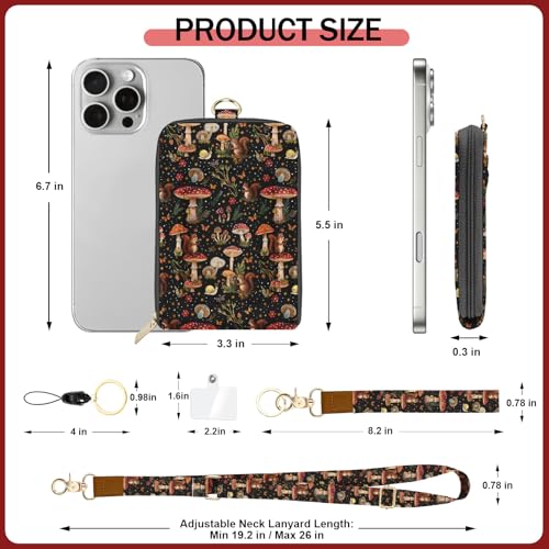 Daily Carry Roomy Leather Zipper Lanyard Wallet for Women, Adjustable Lanyard with ID Holder, RFID Badge Holder, Wristlet, 3 Clear Multiuse Card, 2 Key Ring, 1 Phone Strap for Teacher Office - color: Squirrel Mushroom